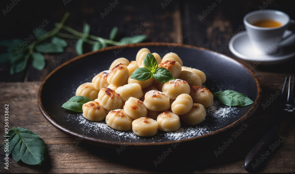 A plate of gnocchi with a sprig of basil sits on a rustic wooden table A plate of gnocchi with a sprig of basil sits on a rustic wooden table