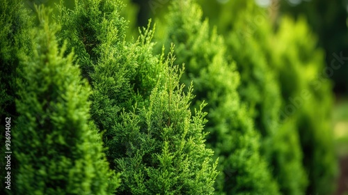 Green hedge of thuja trees in a landscaped garden, providing a natural and serene background. Thick and vibrant greenery.