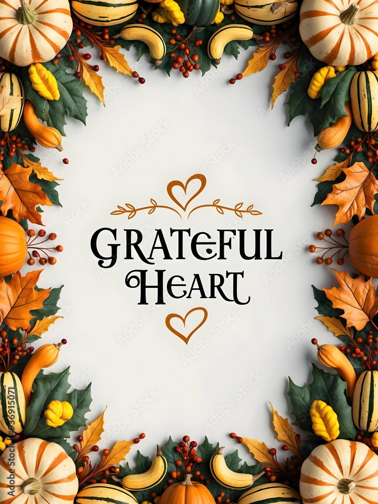 Fototapeta premium 3D flat icon fall garland border with squash and Grateful Heart wording. Perfect for Thanksgiving invitations and holiday cards. Detailed illustrations and warm color palette on isolated white backgro