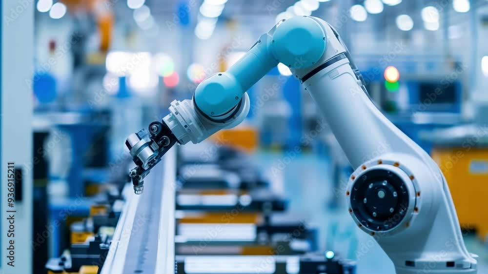 Robotic arm performing a task on a production line in a modern factory, highlighting the advancements in automation and manufacturing technology Robotic arm performing a task on a production line in a modern factory, highlighting the advancements in automation and manufacturing technology