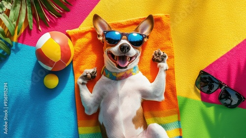 Top view of a smiling dog lying on a colorful beach towel, surrounded by summer props like sunglasses and a ball.