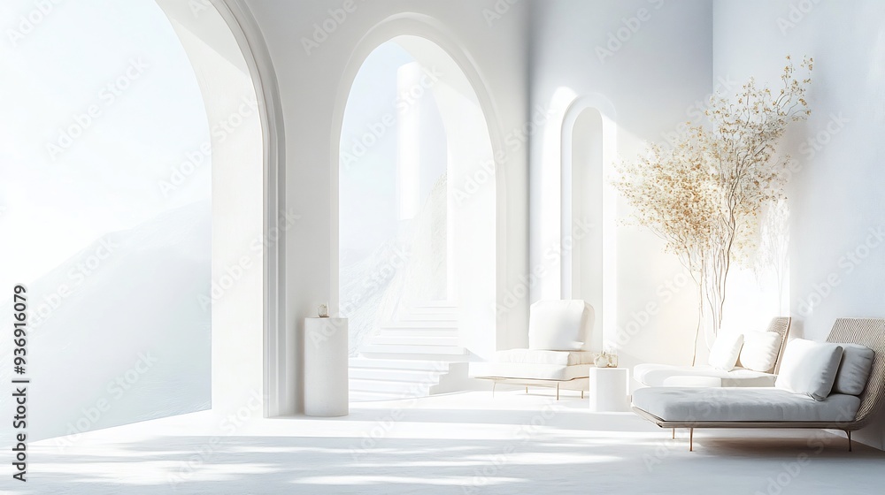 Modern Minimalist Lounge with Archways and Mountain View Modern Minimalist Lounge with Archways and Mountain View
