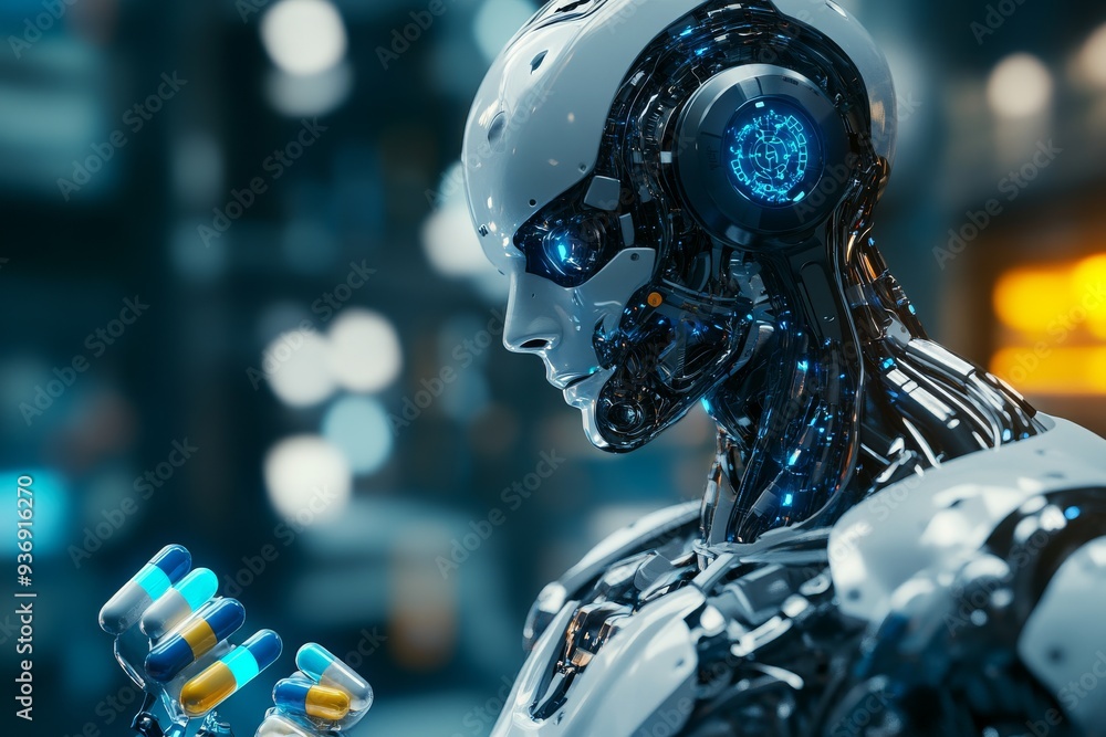 Fototapeta premium Advanced AI Robot Examining a Capsule Representing the Convergence of Artificial Intelligence and Pharmaceutical Research
