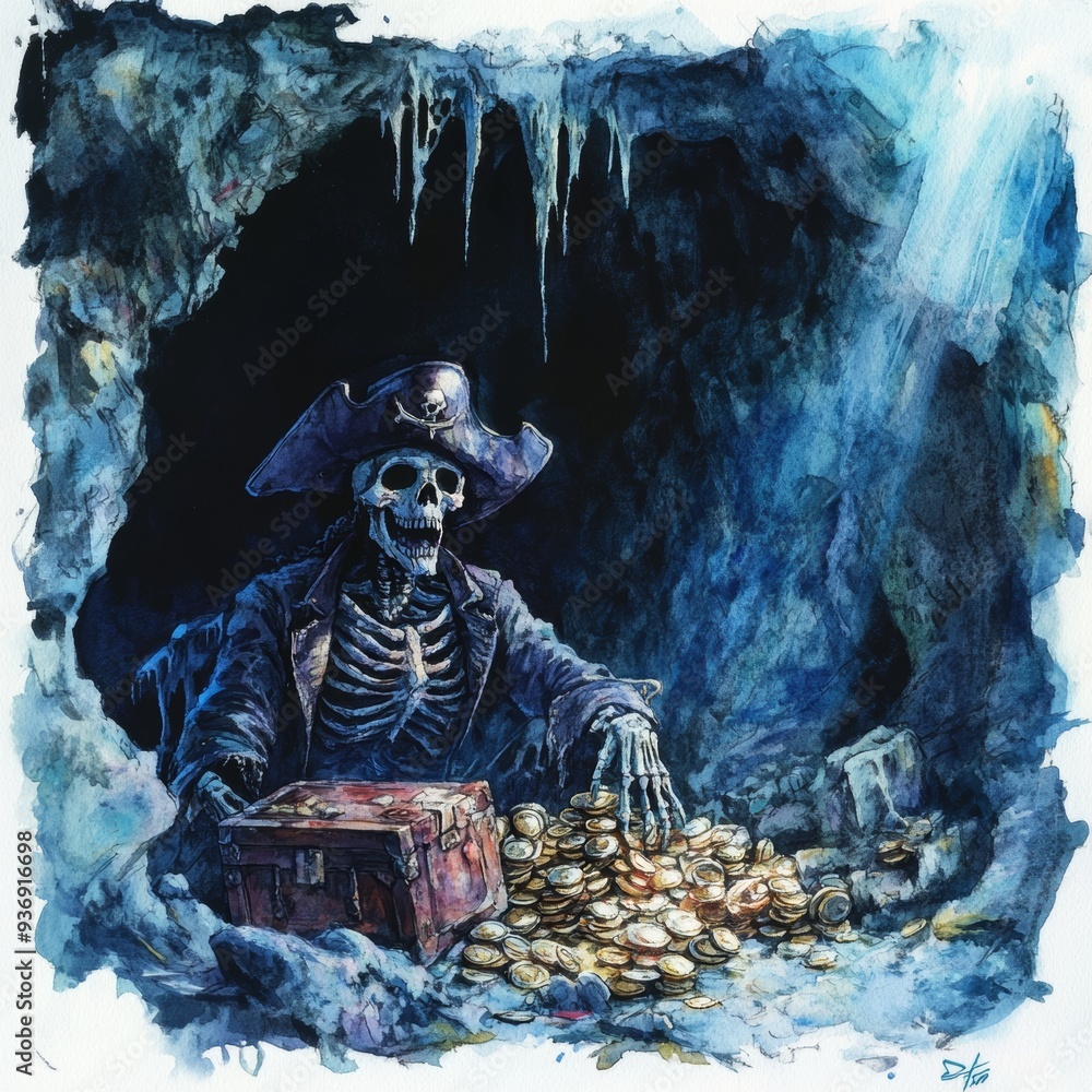 Obraz premium 12. Skeleton pirate, guarding treasure in dark cave, eerie glow, Watercolor style