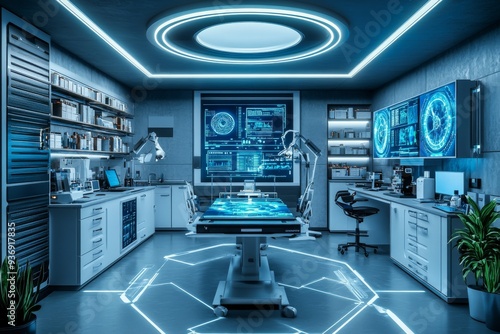 Futuristic Research Laboratory with Digital Interfaces and DNA Sequences Displayed Illustrating the Convergence of Genetics and Advanced Biotechnology