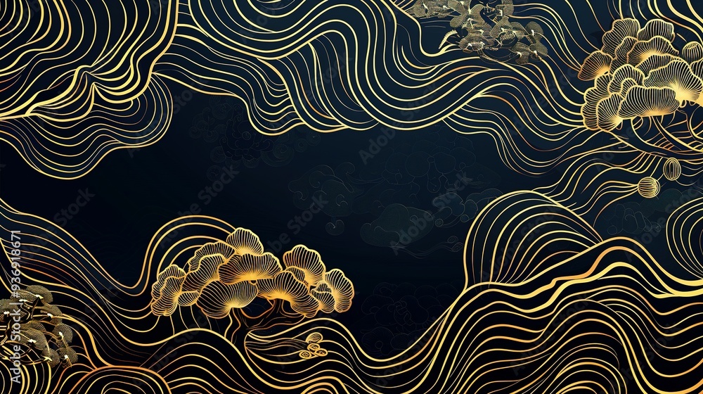 Golden Trees and Waves on a Black Background Golden Trees and Waves on a Black Background