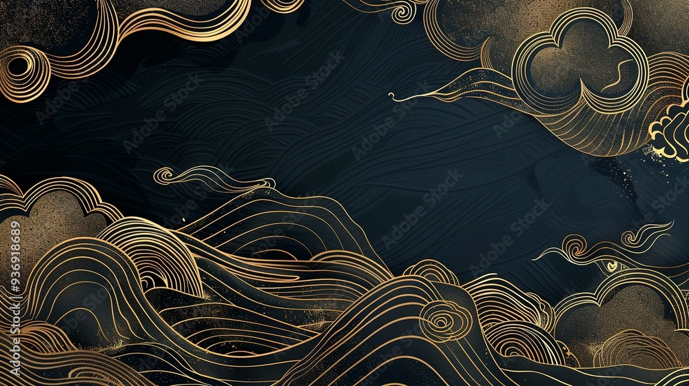 Abstract Black and Gold Japanese Pattern with Waves and Clouds Abstract Black and Gold Japanese Pattern with Waves and Clouds