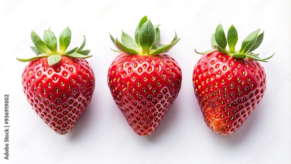 summer, agriculture, refreshing, three, snack, fruit, white background, macro, Three ripe red strawberries are placed on a white background carefully arranged in a symmetrical framing summer, agriculture, refreshing, three, snack, fruit, white background, macro, Three ripe red strawberries are placed on a white background carefully arranged in a symmetrical framing