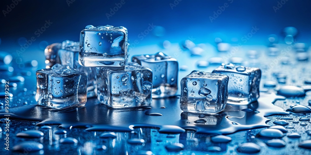 Water drops and melted ice cubes on a blue background with copy space Water drops and melted ice cubes on a blue background with copy space
