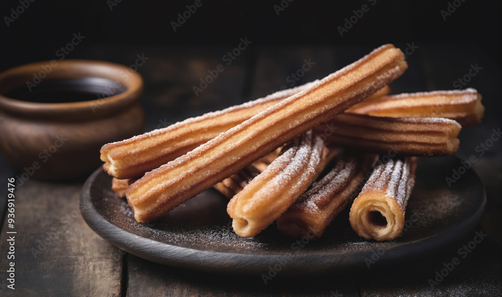 A plate of freshly made churros dusted with powdered sugar sits on a wooden table A plate of freshly made churros dusted with powdered sugar sits on a wooden table