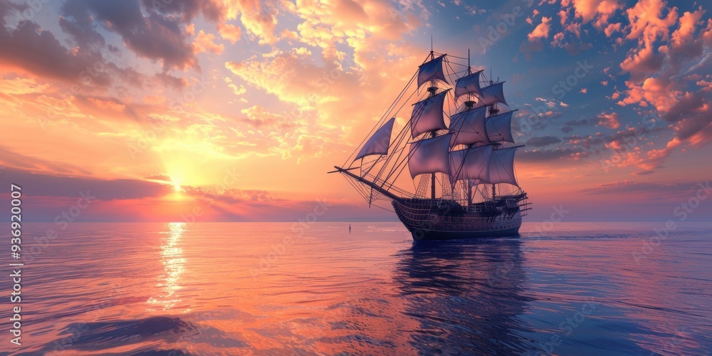 Adventure Awaits. Pirate ship on high detailed ocean plain background Adventure Awaits. Pirate ship on high detailed ocean plain background