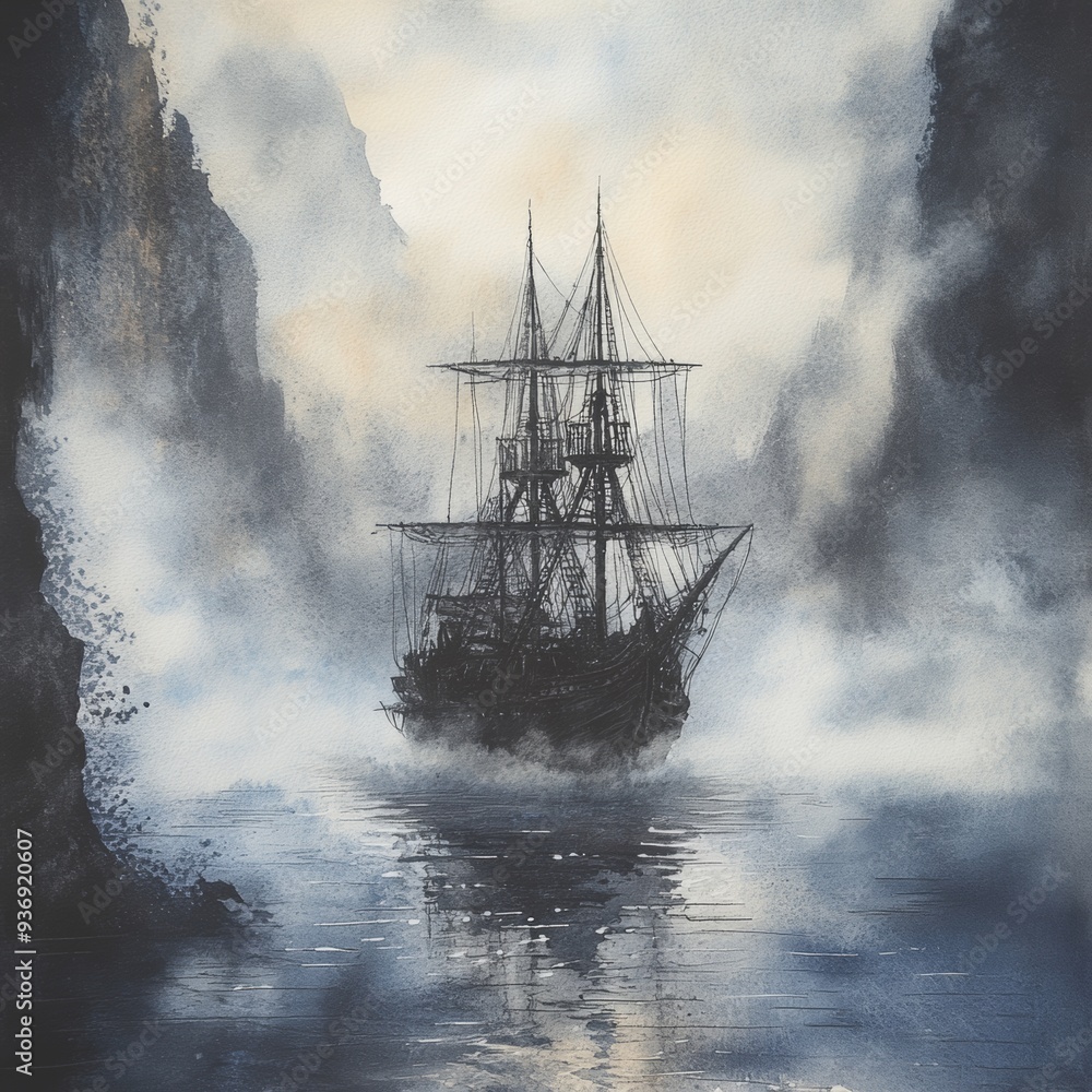 Obraz premium 43. Ghostly pirate ship, emerging from the depths, eerie fog, Watercolor style