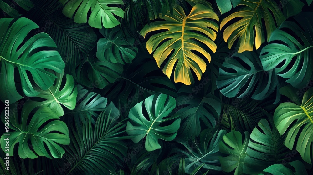Fototapeta premium Monstera green leaves or Monstera Deliciosa in dark tones(Monstera, palm, rubber plant, pine, birdâ€™s nest fern), background or green leafy tropical pine forest patterns for creative design , ai