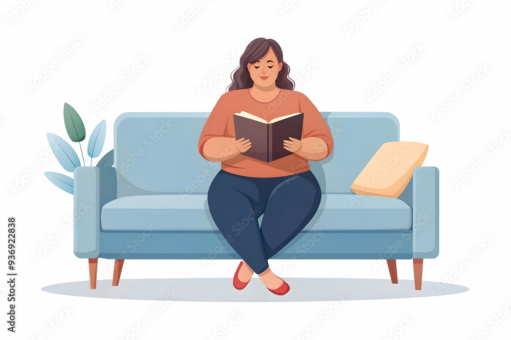 Plus Size Model Reading Book on Couch - Ideal for Lifestyle and Wellness Campaigns