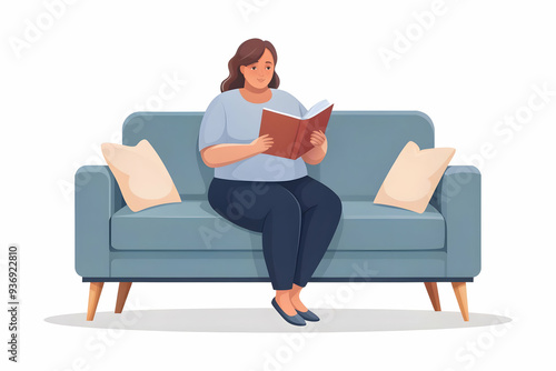 Flat vector illustration of a plus size model reading a book on a cozy couch. Ideal for lifestyle and education campaigns.