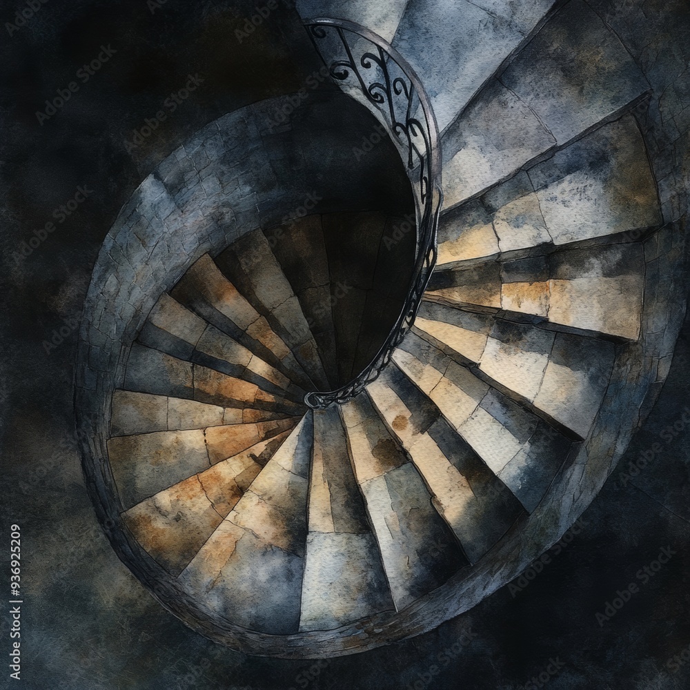 Fototapeta premium 29. Gothic staircase, spiraling into darkness, Watercolor style