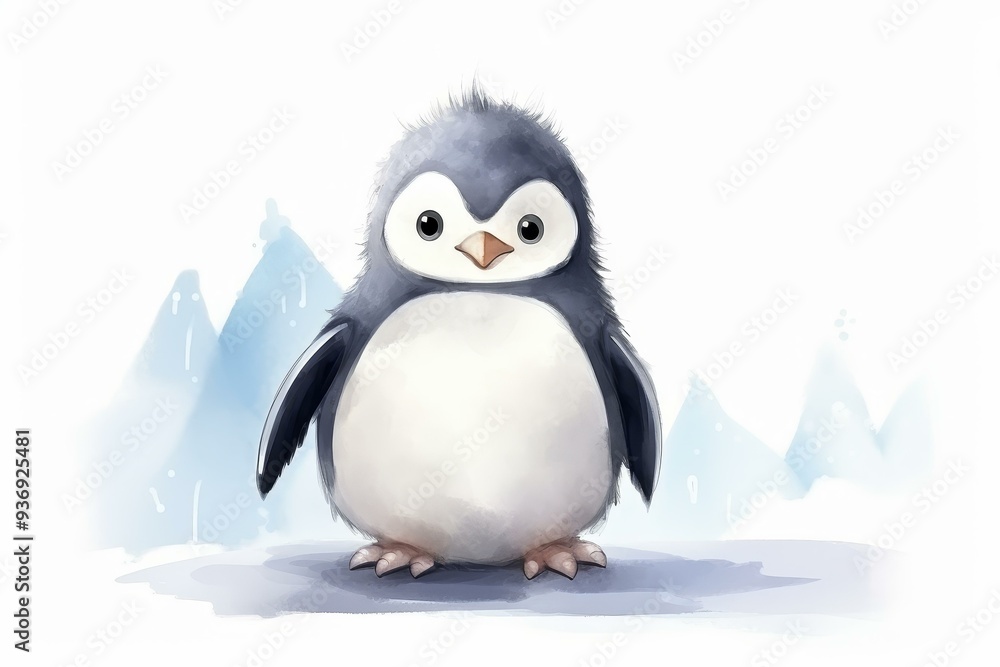 Naklejka premium This charming baby penguin, rendered in whimsical watercolor, brings joy and playfulness to childrens books and designs.