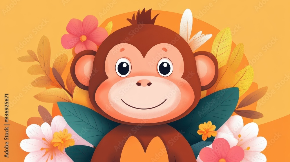 A vibrant, flat design of a playful monkey set against a backdrop of tropical leaves and bright flowers. A vibrant, flat design of a playful monkey set against a backdrop of tropical leaves and bright flowers.