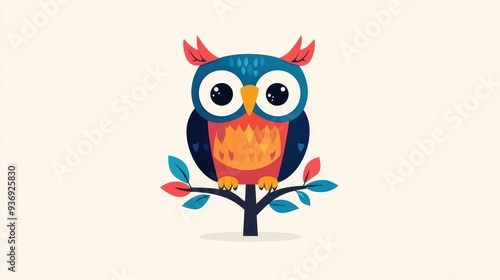 A charming owl finch perched on a tiny root, showcasing delightful textures in a stylish flat illustration.