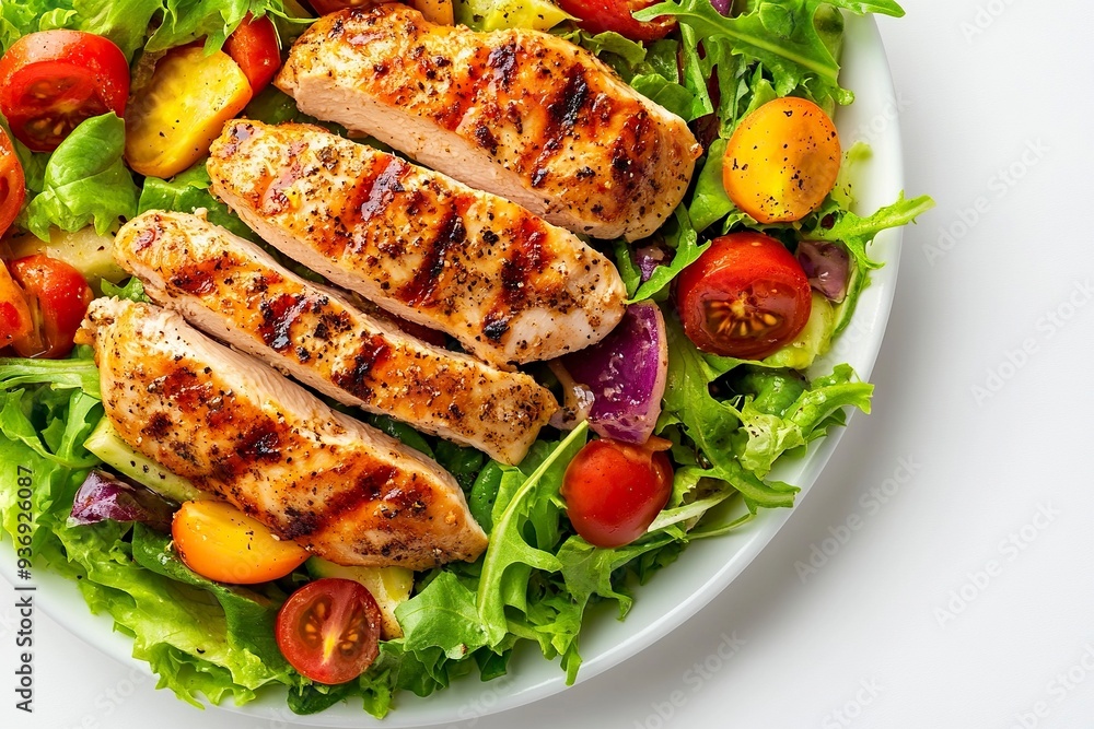 Grilled Chicken Salad on White Background Top Down Photo.generative ai Grilled Chicken Salad on White Background Top Down Photo.generative ai