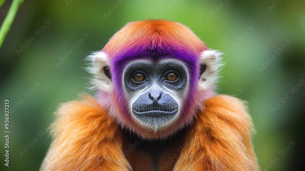 Fototapeta premium A vibrant, multicolored monkey with orange fur and a purple face set against a lush green background, showcasing nature's diversity.