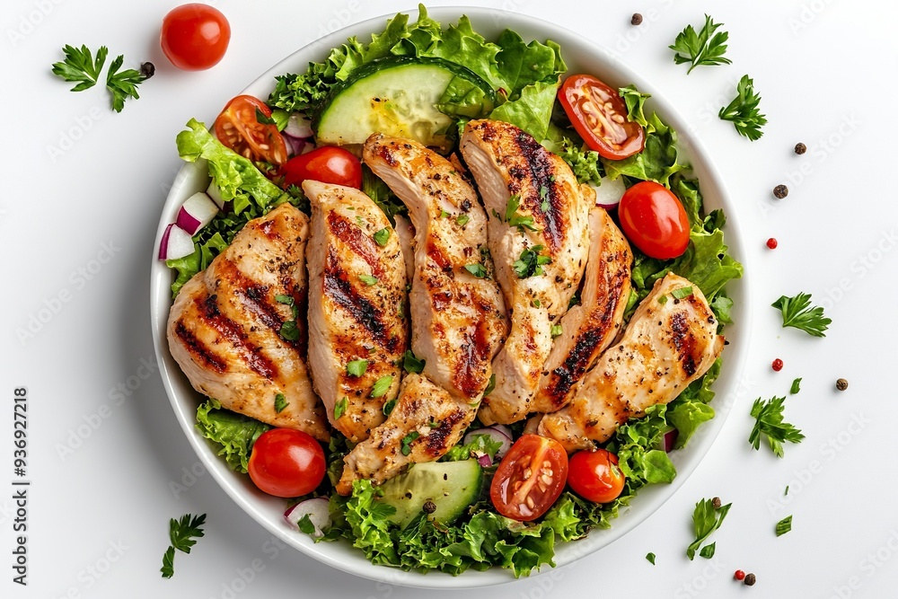 Grilled Chicken Salad on White Background Top Down Photo.generative ai Grilled Chicken Salad on White Background Top Down Photo.generative ai