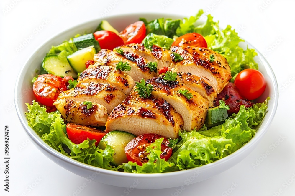 Grilled Chicken Salad on White Background Top Down Photo.generative ai Grilled Chicken Salad on White Background Top Down Photo.generative ai