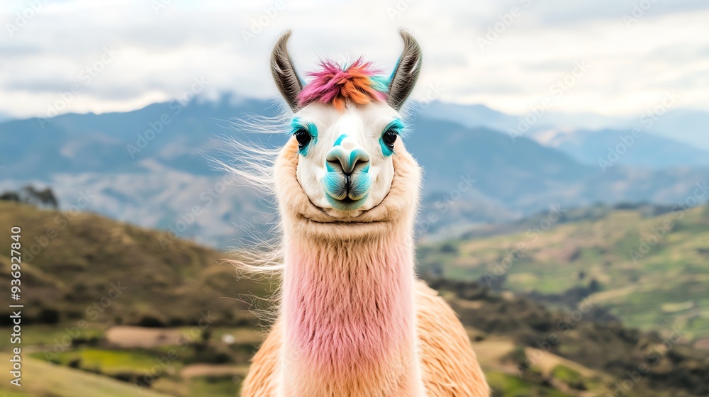 Obraz premium Colorful llama with traditional decorations standing in lush mountainous landscape with cloudy sky in the background.