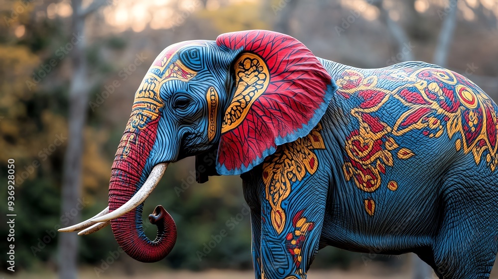 Obraz premium Colorfully painted elephant with intricate designs in nature, showcasing beautiful artwork and vibrant details against a natural background.