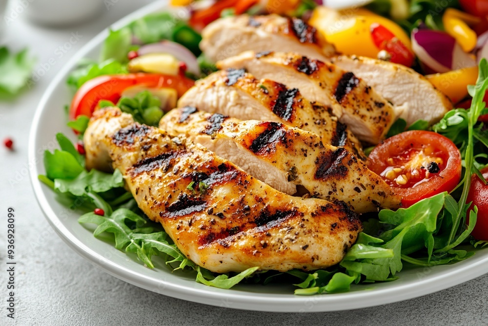 Grilled Chicken Salad on White Background Top Down Photo.generative ai Grilled Chicken Salad on White Background Top Down Photo.generative ai