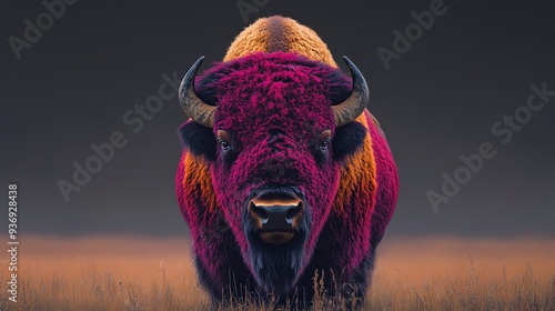 Vibrant colored bison standing in a field at dusk with a dark background. Splendid wildlife portrait showcasing majestic animal's vivid fur. photo