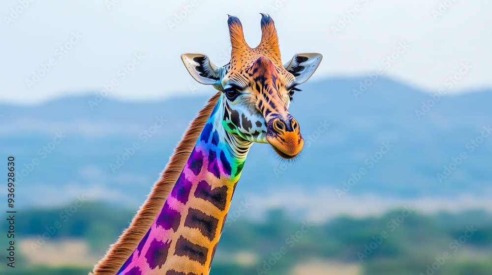 Obraz premium Vividly colored giraffe with a rainbow pattern on its neck, set against a serene natural background of hills and greenery.