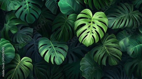 Wallpaper Mural Monstera green leaves or Monstera Deliciosa in dark tones(Monstera, palm, rubber plant, pine, birdâ€™s nest fern), background or green leafy tropical pine forest patterns for creative design , ai Torontodigital.ca