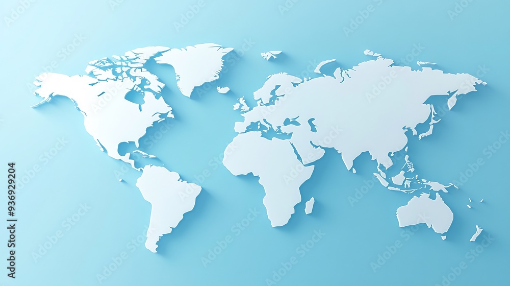 World Map, White Papercut on Blue Background World Map, White Papercut on Blue Background
