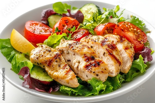 Grilled Chicken Salad on White Background Top Down Photo.generative ai