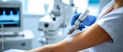 Closeup of a dermatologist performing a hightech laser skin treatment on a patients arm, with modern machinery and precision tools in the background photo