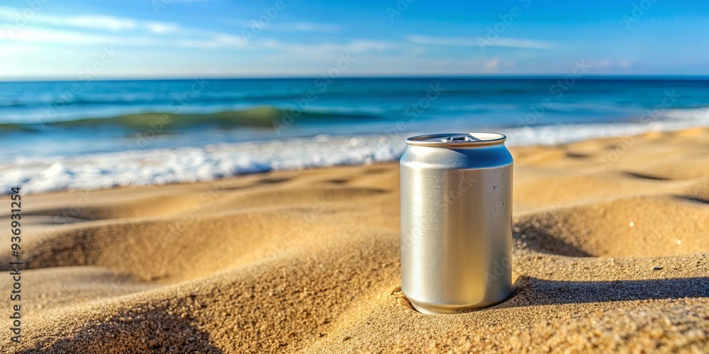 Aluminum beer can on sandy beach, cold drink for relaxing summer day Aluminum beer can on sandy beach, cold drink for relaxing summer day