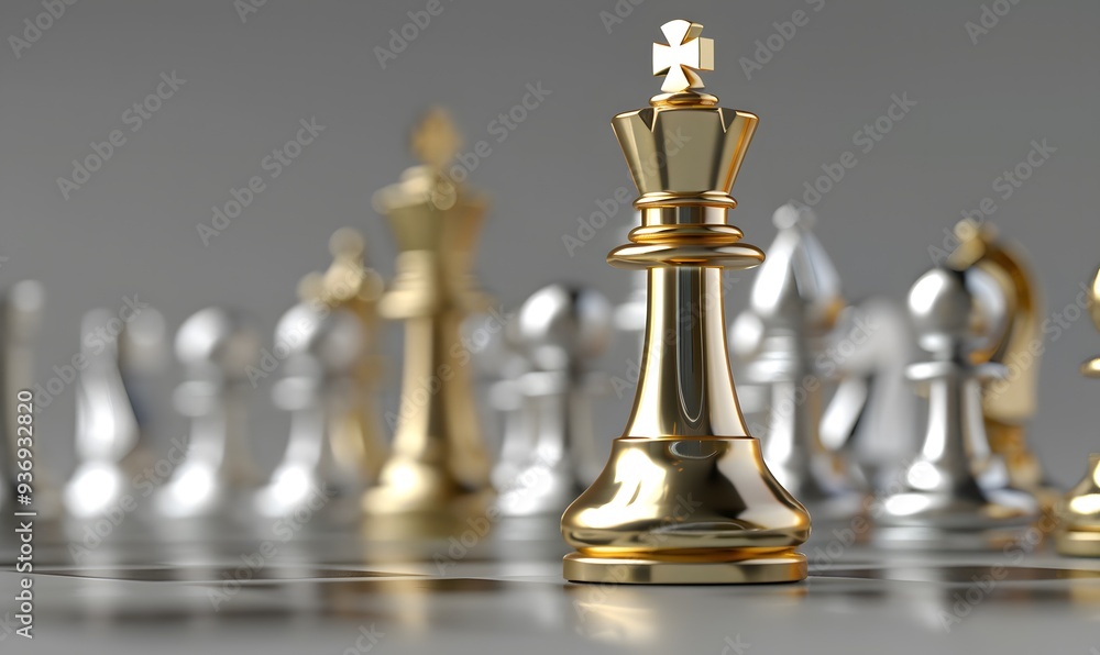 King golden chess standing confront of the silver chess team to challenge concepts of leadership and business strategy management and leadership.