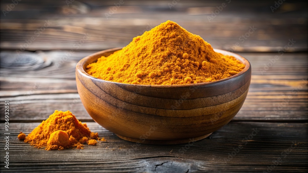 Powdered turmeric in a rustic wooden bowl on a background Powdered turmeric in a rustic wooden bowl on a background