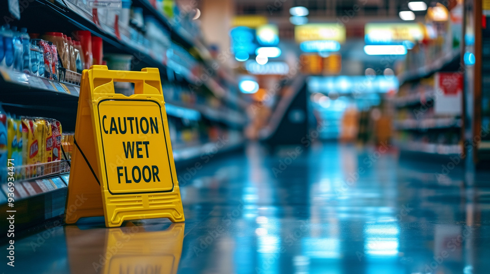 yellow CAUTION WET FLOOR sign on grocery store floor yellow CAUTION WET FLOOR sign on grocery store floor