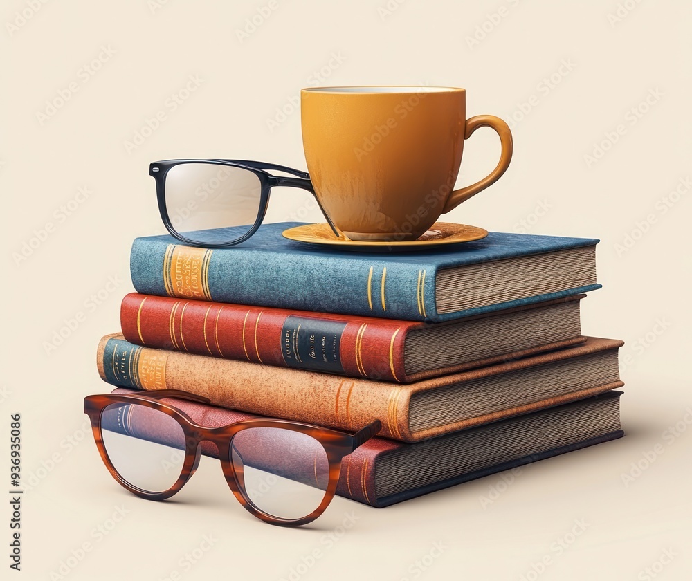 3D Illustration of a Stack of Books with Glasses and a Coffee Cup 3D Illustration of a Stack of Books with Glasses and a Coffee Cup