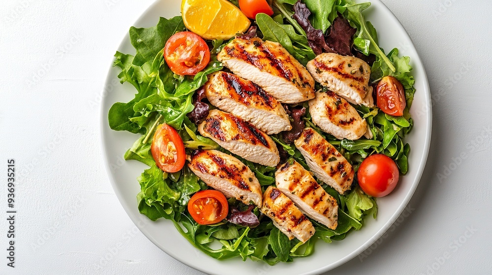 Grilled Chicken Salad on White Background Top Down Photo generative ai Grilled Chicken Salad on White Background Top Down Photo generative ai