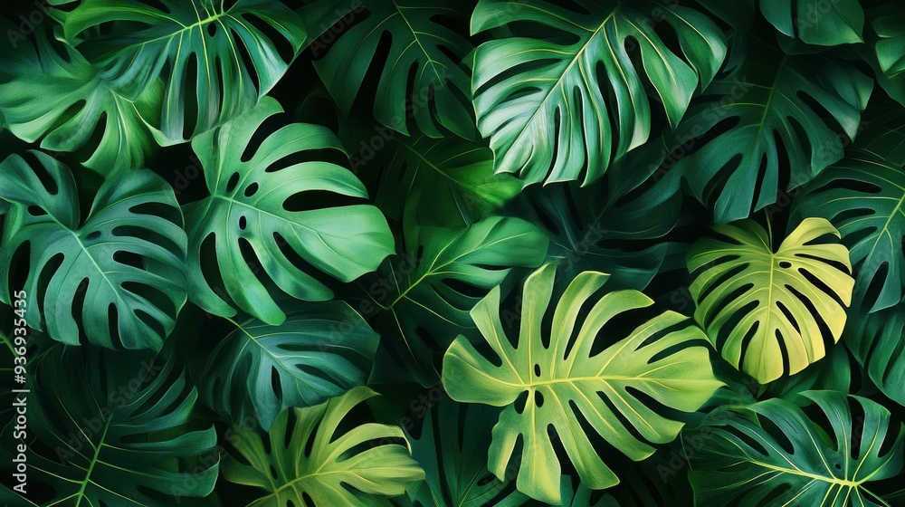 Monstera green leaves or Monstera Deliciosa in dark tones(Monstera, palm, rubber plant, pine, bird’s nest fern), background or green leafy tropical pine forest patterns for creative design , ai Monstera green leaves or Monstera Deliciosa in dark tones(Monstera, palm, rubber plant, pine, bird’s nest fern), background or green leafy tropical pine forest patterns for creative design , ai