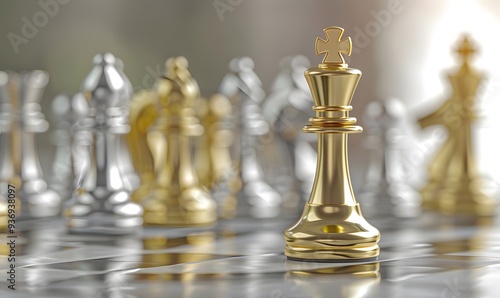 King golden chess standing confront of the silver chess team to challenge concepts of leadership and business strategy management and leadership.