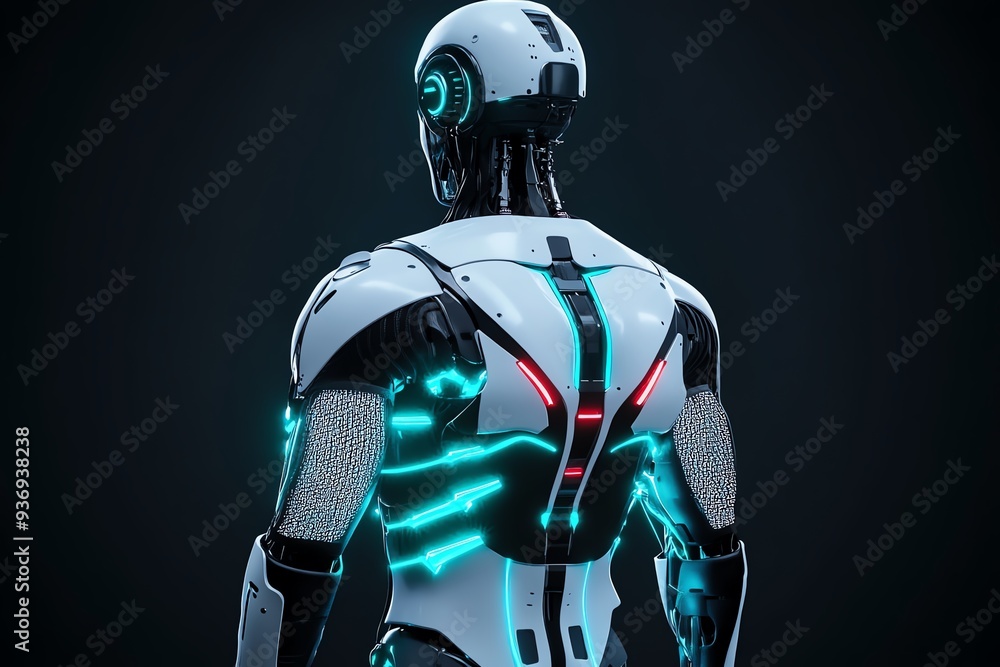 Futuristic robot design with glowing accents, showcasing advanced technology and sleek aesthetics from a rear perspective. Futuristic robot design with glowing accents, showcasing advanced technology and sleek aesthetics from a rear perspective.