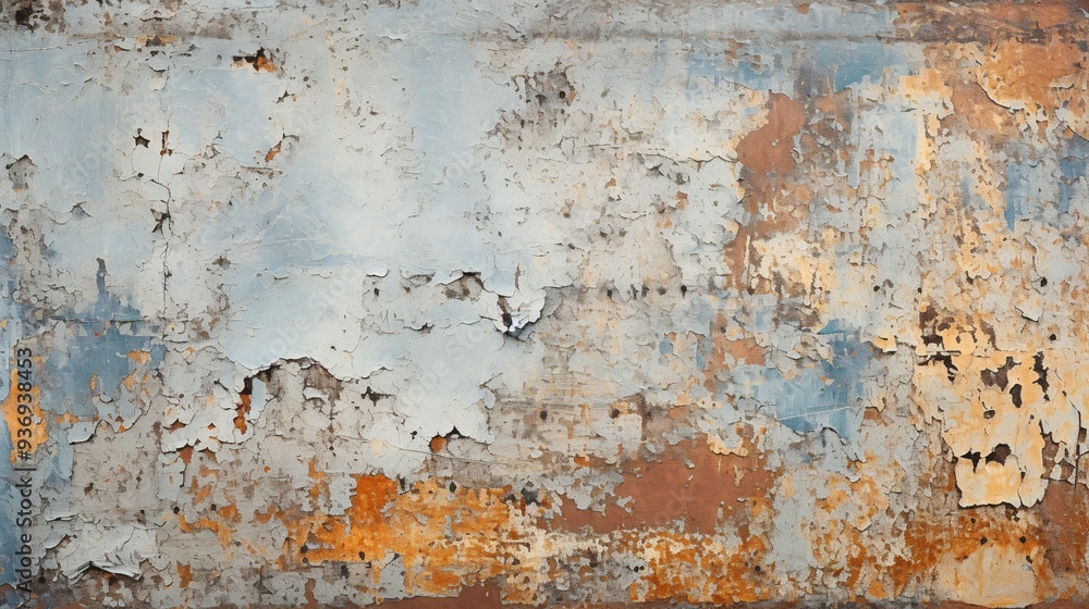 Fototapeta premium Close-up of aged, peeling paint on a rusty metal surface