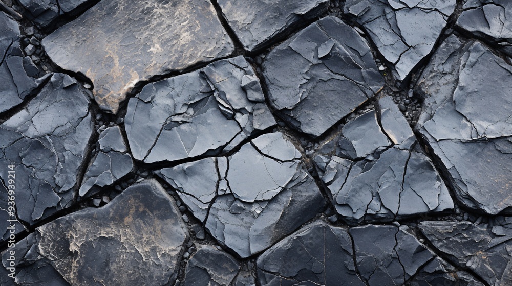 Fototapeta premium Detailed image of rough, cracked asphalt with visible stones