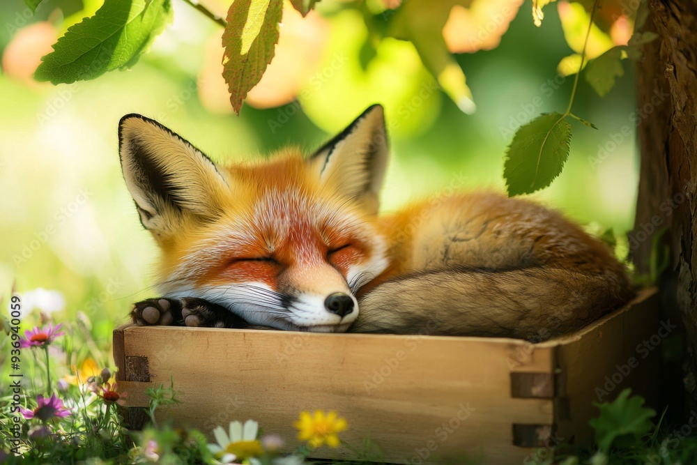 Naklejka premium high-angle shot of a fox sleeping soundly in a wooden box, placed in a sunny meadow. The soft summer breeze causes the surrounding grass and flowers to sway gently