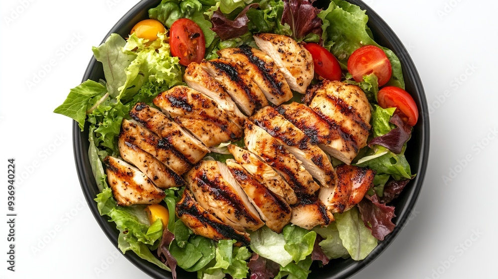 Grilled Chicken Salad on White Background Top Down Photo generative ai Grilled Chicken Salad on White Background Top Down Photo generative ai