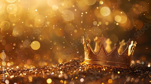 Golden crown on a golden background with glitter and bokeh lights